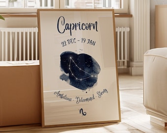 Könnte beinhalten: Ein beiger Poster mit einem schwarzen Aquarell-Design der Sternbilder des Steinbocks. Der Poster hat den Text "Capricorn", "22 DEC - 19 JAN", "Ambitious", "Determined", "Strong" und das Steinbock-Symbol.