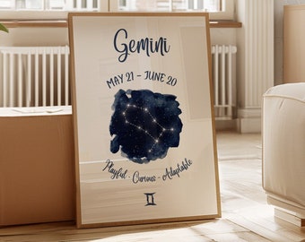 Gemini Star Sign Print - Modern Wall Art - Zodiac Wall Decor - Astrology Art - Constellation Art - Stylish Minimalistic Wall Print A3 A4