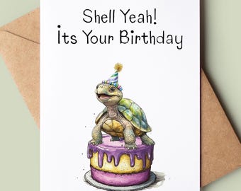 Birthday Turtle With Cake Card - Colourful Birthday Card - Cute Bday Pun Greeting Card - Joke Birthday Card For Friend - Turtle Lover Card