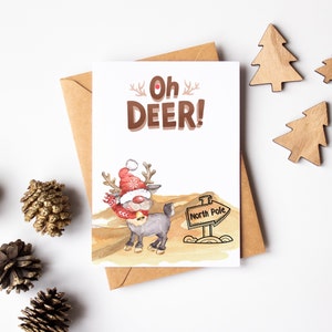 Divertente biglietto di gioco di parole Oh Deer - Biglietto di Natale carino - Biglietto d'auguri acquerello scherzo - Biglietto amante della renna - Biglietto di gioco divertente - Biglietto Rudolph Lost