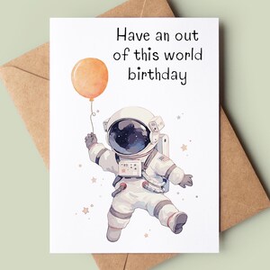 Astronaut & Ballon Geburtstagskarte - Kindergeburtstagskarte - Individuelle Geburtstagskarte - Handgemachte Grußkarte - Weltallliebhaber Geburtstagskarte