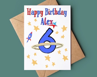 Happy 6th Birthday Card - Sixth Birthday Card - Customised Birthday Card - Handmade Greeting Card - Space Birthday Card - Planet Birthday