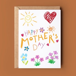 Tarjeta del Día de las Madres Felices - Tarjeta del Día de las Madres Dulces - Tarjeta para mamá - Tarjeta dibujada con crayón lindo - Tarjeta de felicitación del niño - Tarjeta del Día de las Madres por niño