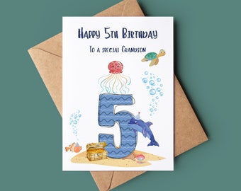 Under The Sea Happy Birthday Card - Fifth Birthday Card - Customised 5th Birthday Card - Handmade Greeting Card - Childs Birthday Card