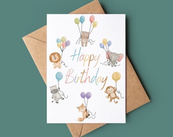 Carte d'anniversaire animaux de la jungle - jolie carte d'anniversaire - carte d'anniversaire pour enfant - carte de voeux d'anniversaire pour enfant - carte d'anniversaire ballon