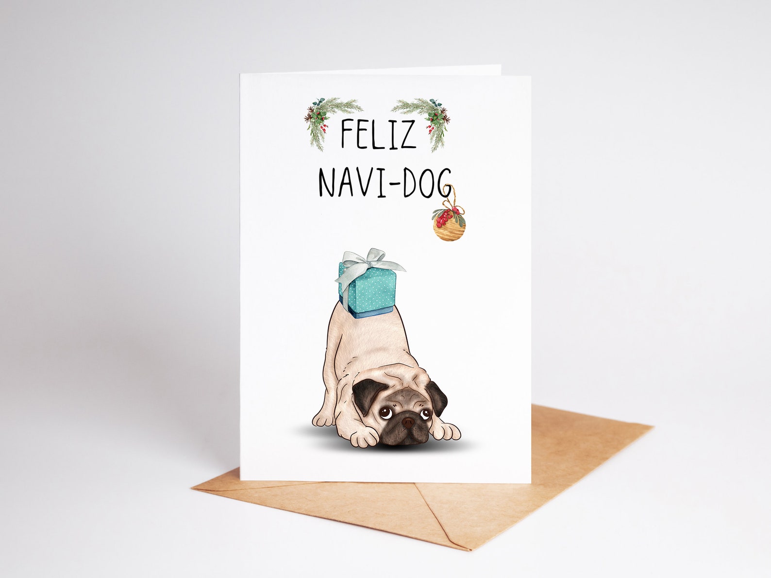 Pug Christmas Card - Cute Dog Christmas Card - Feliz Navi Dog Joke ...