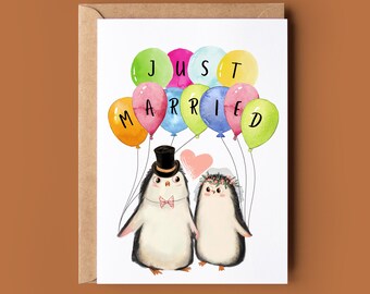 Cute Just Married Penguins Card - Penguin Greetings Card - Customised Balloon Wedding Card - Congratulations On Your Marriage - Animal Lover