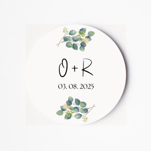 Hochzeitsetiketten-Aufkleber - Personalisierte Braut und Bräutigam Anfangsaufkleber - Blumenaufkleber - Gunstaufkleber - Eukalyptus-Hochzeitsaufkleber