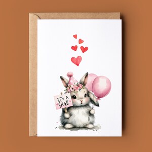 Neue Baby-Glückwunschkarte - Es ist ein Mädchen-Glückwunschkarte - Willkommen auf der Weltkarte - Niedliche Kaninchen-Aquarell-Rosa-Karte - Neue Elternkarte