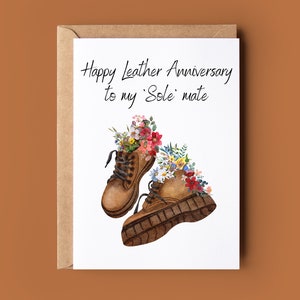 ハッピーレザーアニバーサリーカード - かわいい花柄レザーシューズカード - 3周年記念カード - 結婚3周年記念カード - おもしろい駄洒落カード