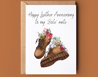 Happy Leather Anniversary Card - Cute Floral Leather Shoe Card - Third Anniversary Card - 3rd Wedding Anniversary Card - Funny Pun Card