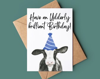 Koe Happy Birthday Card - Funny Have An Udderly Brilliant Birthday Card - Cow Pun Greetings Card - Joke Verjaardagskaart - Animal Lover Card