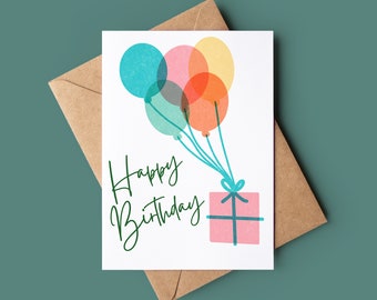 Balloon Happy Birthday Card - Personalised Balloons Birthday Card - Balloon Present Greetings Card - Flying Present Balloon Birthday Card