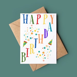 Tarjeta de feliz cumpleaños colorida - Tarjeta de cumpleaños personalizada Party Popper - Tarjeta de saludos colorida - Tarjeta de cumpleaños para niños