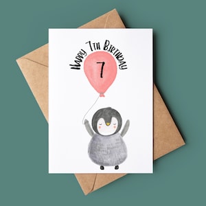 Tarjeta de pingüino feliz del séptimo cumpleaños - Tarjeta del séptimo cumpleaños - Tarjeta de cumpleaños personalizada - Tarjeta de felicitación hecha a mano - Pingüino con tarjeta de globo