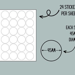 May include: A sheet of 24 white, circular stickers. Each sticker is 45mm in diameter. Text indicates the quantity per sheet and the size of each sticker. The background is a muted teal color.