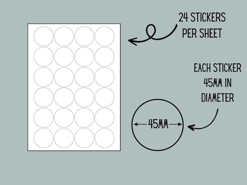 May include: A sheet of 24 white, circular stickers. Each sticker is 45mm in diameter. Text indicates the quantity per sheet and the size of each sticker. The background is a muted teal color.