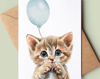 Gelukkige verjaardag schattige kattenkaart - aquarel kat verjaardagskaart - kat wenskaart - aangepaste verjaardagskaart - kattenliefhebber verjaardagskaart