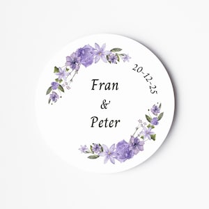 Etiquetas adhesivas de boda, Pegatinas personalizadas con el nombre de la novia y el novio, Pegatinas florales, Pegatinas de recuerdo moradas, Pegatina de boda botánica