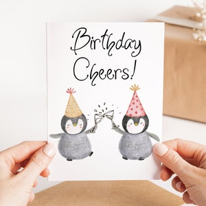 Penguin Happy Birthday Card - Cute Birthday Cheers Card - Birthday Toast Card - Greeting Card With Penguins - Animal Lover Card