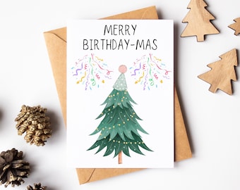 Merry Birthdaymas Card - Cute Christmas Birthday Card - Greeting Card - Christmas Tree Card  - Card For December Birthday - Winter Bday