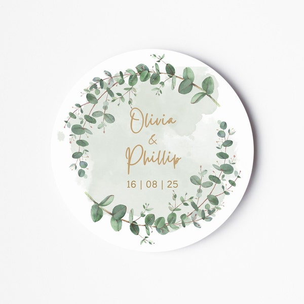Wedding Label Stickers - Personalised Bride And Groom Name Stickers - Floral Stickers - Wedding Favour Stickers - Eucalyptus Wedding Sticker