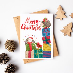 Cartão de ouriço de feliz Natal - Cartão engraçado em aquarela - Cartão de amante de animais - Cartão de amante de ouriço - Cartão de Natal fofo