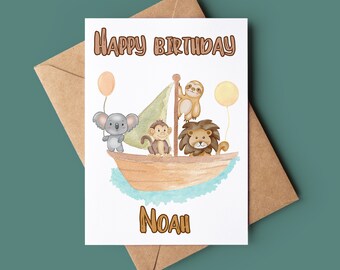 Kids Jungle Animal Happy Birthday Card -  Animals On Boat Birthday Card - Birthday Card - Handmade Greeting Card - Childs Birthday Card