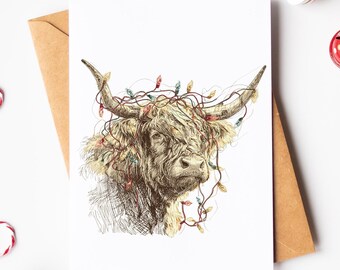 Highland Cow Christmas Card - Cute Christmas Card - Funny Watercolour Greeting Card - Animal Lover Card - Cow Lover Card - Funny Pun Card