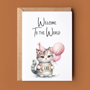 Nieuwe baby gefeliciteerd kaart - het is een meisje Congrats kaart - Welkom op de wereldkaart - schattige kat aquarel roze kaart - nieuwe ouders kaart