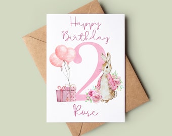 Happy 2nd Birthday Rabbit Card - Second Birthday Balloons Card - Customised Birthday Card - Handmade Greeting Card - Card For Daughter