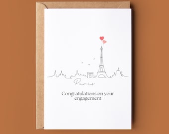 Happy verlovingskaart Parijs - verlovingskaart - Gefeliciteerdkaart - gepersonaliseerde kaart - aangepaste verlovingskaart - City Skyline-kaart