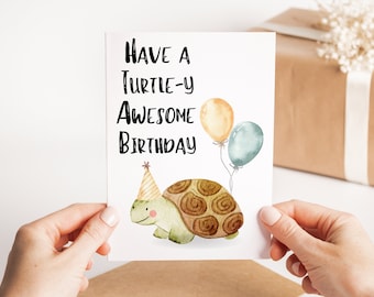 Birthday Turtle With Balloon Card - Colourful Birthday Card - Cute Bday Pun Greeting Card - Birthday Card For Child - Turtle Lover Card