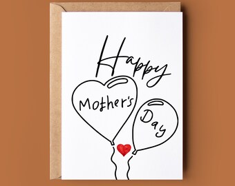 Happy Mothers Day - Mothers Day Balloon Card - Greetings Card for Mum - Mum Day Card - Heart Card For Mother - Cute Card For Mum