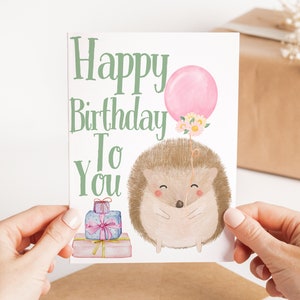 Cartão de ouriço de feliz aniversário - Cartão de ouriço de aniversário fofo - Cartão de cumprimentos de ouriço - Cartão de aniversário em aquarela - Cartão de amante de animais