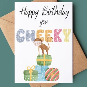Tarjeta de feliz cumpleaños con mono descarado - Tarjeta de cumpleaños para niños - Tarjeta de cumpleaños personalizada - Tarjeta de felicitación hecha a mano - Tarjeta de cumpleaños con mono divertido
