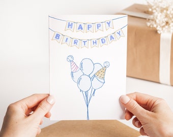 Balloon Happy Birthday Card - Personalised Balloons Birthday Card - Big Balloon Greetings Card - Watercolour Balloon Birthday Card