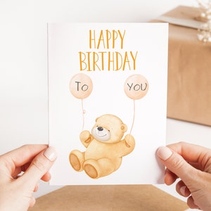 Biglietto di compleanno con orsetto con palloncini, biglietto di compleanno per orsacchiotto colorato, biglietto di auguri per orsetto carino, biglietto di compleanno per bambino, biglietto per amante degli animali