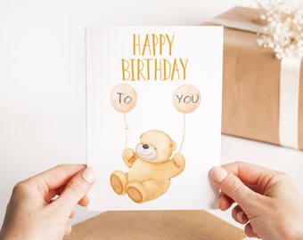 Birthday Bear With Balloons Card - Colourful Teddy Birthday Card - Cute Bear Greetings Card - Birthday Card For Child - Animal Lover Card