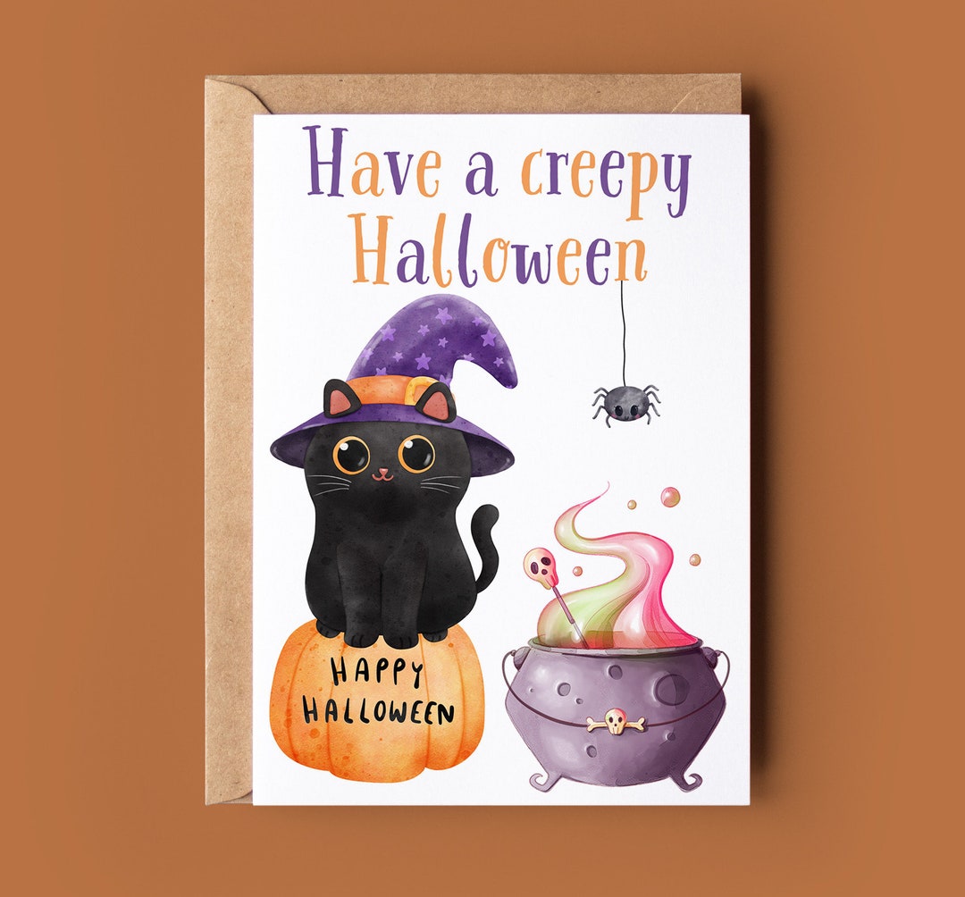 Witch Cat Halloween Card - Cute Cat Happy Halloween Card - Joke ...