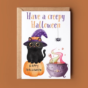 Carte d'Halloween chat sorcière - carte Happy Halloween chat mignon - carte d'Halloween blague - carte d'Halloween fantasmagorique - carte amoureux des animaux - Saint-Sylvestre