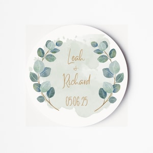 Bruiloft labelstickers - gepersonaliseerde bruid en bruidegom naamstickers - bloemenstickers - bruiloft gunststickers - eucalyptus bruiloft sticker