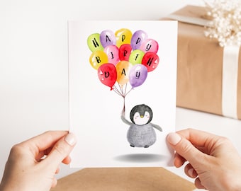 Happy Birthday Penguin With Balloon Card - Cute Penguin Birthday Card - Handmade Penguin Balloon Greeting Card - Penguin With Balloons Card