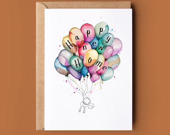 Felicitaciones nueva tarjeta de casa - tarjeta de casa de mudanza divertida - tarjeta de saludos de globo lindo - tarjeta de casa nueva personalizada con globos