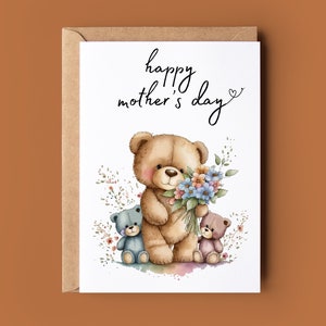 Carte de fête des mères heureuse - carte de fête des mères maman ours - carte pour maman - carte ours floral mignon - carte de voeux mère ours faite main - carte ours