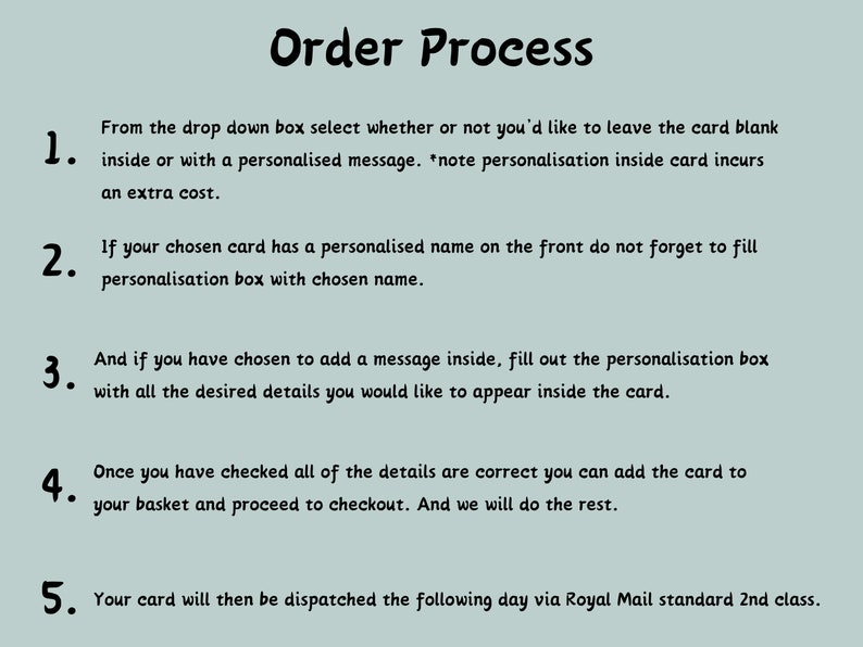 Pu&ograve; includere: Un processo di ordinazione in cinque passaggi per le carte personalizzate. I passaggi includono la selezione di una carta, l'aggiunta di un messaggio personalizzato, la verifica dei dettagli, l'aggiunta al carrello e la spedizione della carta.