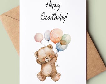 Bear Happy Birthday Card - Funny Happy Bearthday Pun Card - Bear Pun Greetings Card - Joke Bday Card - Bear Lover Card - Watercolour Card