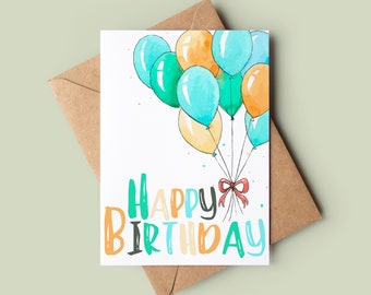 Cute Balloon Happy Birthday Card - Personalised Balloons Birthday Card - Big Balloon Greetings Card - Watercolour Children's Bday Card