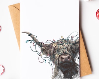 Highland Cow Christmas Card - Cute Christmas Card - Funny Watercolour Greeting Card - Animal Lover Card - Cow Lover Card - Funny Pun Card