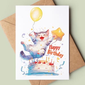 Carte d'anniversaire chat mignon joyeux anniversaire - carte d'anniversaire chat aquarelle - carte de voeux chat - chat drôle avec ballon - carte d'anniversaire pour amoureux des chats